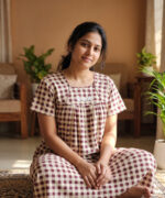 Traditional Cotton Nighty, 55 Inches Length - Cream + Maroon
