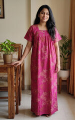 Front Open Cotton Nighty With Buttons, 55 Inches Length - Magenta - Image 2