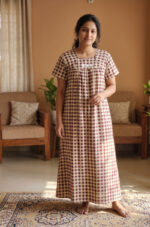 Traditional Cotton Nighty, 55 Inches Length - Cream + Maroon - Image 2
