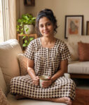 Front Open Cotton Nighty With Zip, 55 Inches - Cream + Brown