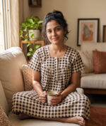 Front Open Cotton Nighty With Zip, 55 Inches - Cream + Brown