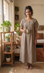 Front Open Cotton Nighty With Zip, 55 Inches - Cream + Brown - Image 2