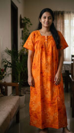 Front Open Cotton Nighty With Buttons, 55 Inches Length - Yellow - Image 2