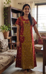 Churidar Model Cotton Nighty With Buttons, 55 Inches Length- Red +Yellow - Image 2