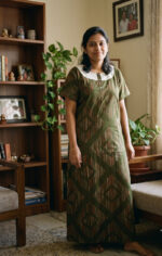 Churidar Model Cotton Nighty With Buttons, 55 Inches Length- Olive Green - Image 2