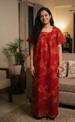 Front Open Cotton Nighty With Buttons, 55 Inches - Red - Image 2