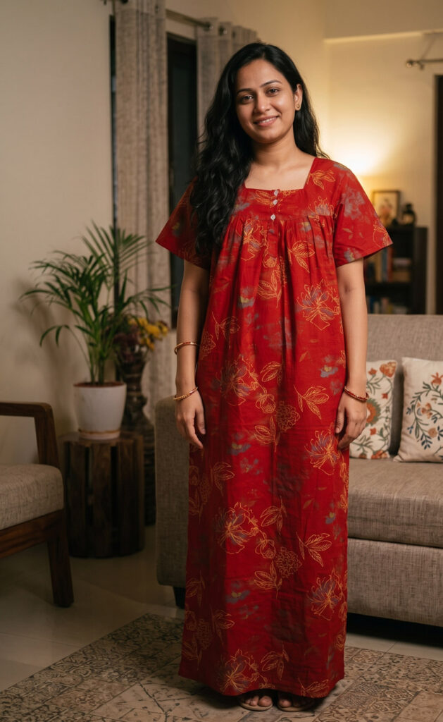 - Front Open Nighty With Pleats Stitching