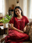 Traditional Cotton Nighty, 55 Inches Length - Red