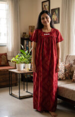 Traditional Cotton Nighty, 55 Inches Length - Red - Image 2