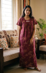 Traditional Cotton Nighty, 55 Inches Length - Yellow + Green - Image 2