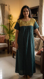 Front Open Cotton Nighty With Buttons, 57 Inches Length - Green + Chikku - Image 2