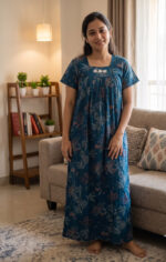 Traditional Cotton Nighty, 55 Inches Length - Blue - Image 2