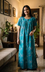 Front Open Cotton Nighty With Buttons, 55 Inches Length - Safair Green - Image 2