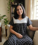 Front Open Cotton Nighty With Buttons, 55 Inches Length - Black + White