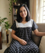 Front Open Cotton Nighty With Buttons, 55 Inches Length - Black + White