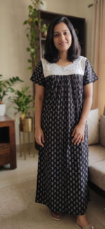 Front Open Cotton Nighty With Buttons, 55 Inches Length - Black + White - Image 2