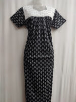 Front Open Cotton Nighty With Buttons, 55 Inches Length - Black + White - Image 4