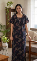 Front Open Cotton Nighty With Buttons, 55 Inches - Blue - Image 2