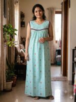 Cotton Nighty With Pleats, 55 Inches, Sleeveless - White & Green - Image 2