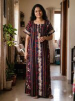 Churidar Model Cotton Nighty With Buttons, 57 Inches Length-Dark Blue & Red - Image 2