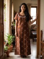 Churidar Model Cotton Nighty With Buttons, 55 Inches Length- Brown - Image 2