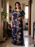 Churidar Model Cotton Nighty With Buttons, 55 Inches Length- Dark Blue - Image 2