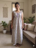 Front Open Cotton Nighty With Buttons, 55 Inches Length, Sleeveless - Cream & Violet - Image 2