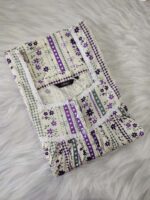 Front Open Cotton Nighty With Buttons, 55 Inches Length, Sleeveless - Cream & Violet - Image 3
