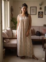 Front Open Cotton Nighty With Buttons, 55 Inches Length, Sleeveless - Cream & Yellow - Image 2