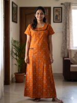 Churidar Model Cotton Nighty With Buttons, 55 Inches Length- Orange - Image 2