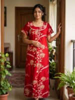 Churidar Model Cotton Nighty With Buttons, 55 Inches Length- Red - Image 2