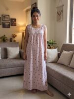 Front Open Cotton Nighty With Buttons, 55 Inches Length, Sleeveless - Rose & White - Image 2