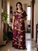 Churidar Model Cotton Nighty With Buttons, 55 Inches Length- Maroon - Image 2