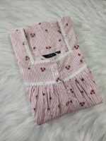 Front Open Cotton Nighty With Buttons, 55 Inches Length, Sleeveless - Rose & White - Image 3