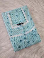 Front Open Cotton Nighty With Buttons, 55 Inches Length, Sleeveless - Blue & White - Image 3