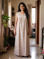 Front Open Cotton Nighty With Buttons, 55 Inches Length, Sleeveless - Cream & Yellow - Image 2