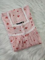 Front Open Cotton Nighty With Buttons, 55 Inches Length, Sleeveless - Rose & White - Image 3