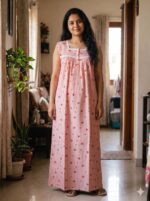 Front Open Cotton Nighty With Buttons, 55 Inches Length, Sleeveless - Rose & White - Image 2