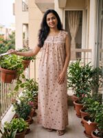 Front Open Cotton Nighty With Buttons, 55 Inches Length, Sleeveless - Cream - Image 2