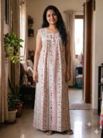 Front Open Cotton Nighty With Buttons, 55 Inches Length, Sleeveless - Cream & Rose - Image 2