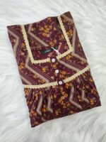 Front Open Cotton Nighty With Buttons, 55 Inches Length, Sleeveless - Brown - Image 3