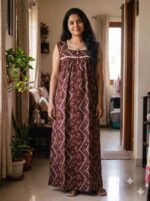 Front Open Cotton Nighty With Buttons, 55 Inches Length, Sleeveless - Brown - Image 2